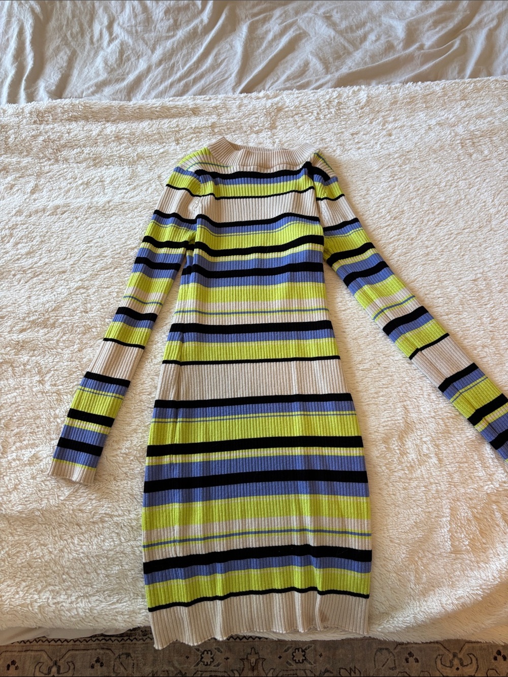 Fashion Nova Striped Ribbed Bodycon Dress in Lime, Navy & Cream M - Picture 1 of 7